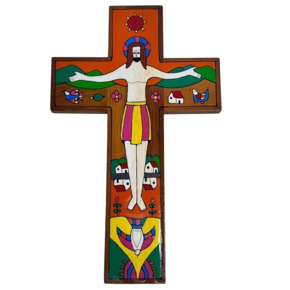 Vintage Cross Hand Painted Folk Art Wooden Latin America Religious Wall Decor